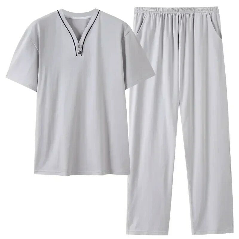Conjunto de Pijama corto de 2 piezas para hombre, ropa de dormir con pantalones de manga larga, ropa de verano