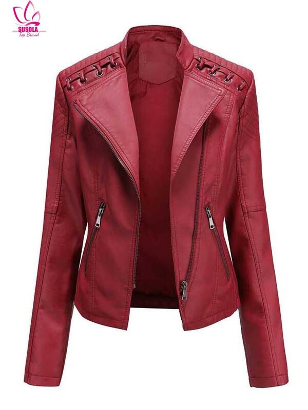 Sucola autunno inverno Pu Faux giacche in pelle da donna Zipper Slim moto Biker cappotto in pelle sciolto capispalla femminile top