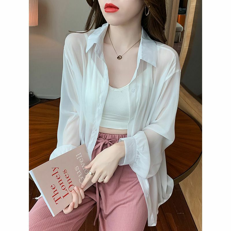 Eenvoud Mode Zomer Dames Effen Polo-Hals Bandage Single Breasted Koreaanse Lange Mouw Losse Zonnebrandcrème Kleding Tops