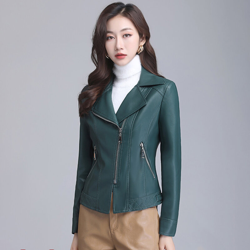 New Women Moto Leather Jacket Spring Autumn Fashion Suit Collar Slim Biker Coat Split Leather Outerwear Sheepskin Tops Coat