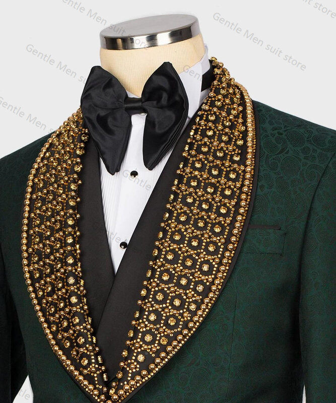 Green Printed Men Suits Set 2 Piece Crystal Blazer+Black Pants Italian Design Custom Made Jacket Groom Wedding Tuxedo Coat