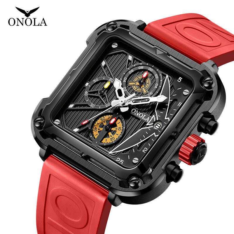 Moda masculina relógio marca onola exclusivo design quadrado luxo quartzo esportes fita relógios masculino à prova dwaterproof água