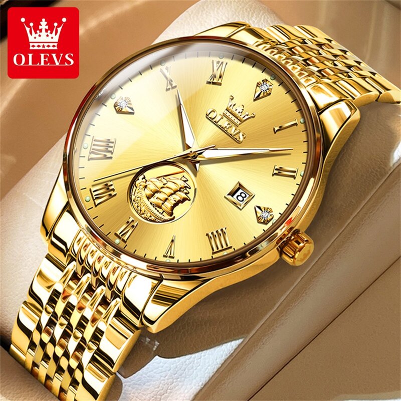 OLEVS-Relógio mecânico de aço inoxidável masculino, impermeável, luminoso, calendário, luxo, negócio, marca de topo, moda