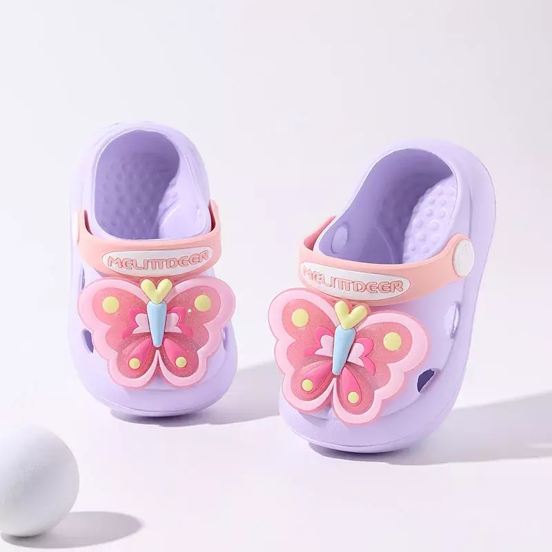 Chinelos infantis de borboleta respirável, EVA macio, princesa, sapatos de praia causais para meninas, em casa, fofos, novos, verão