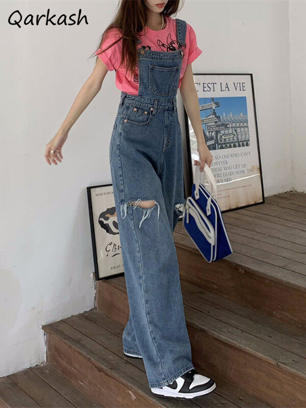 Jumpsuits Women Fashin Streetwear Chic Cozy Denim Hole Korean Style Simple Straight Trousers Daily All-match Special Mature New