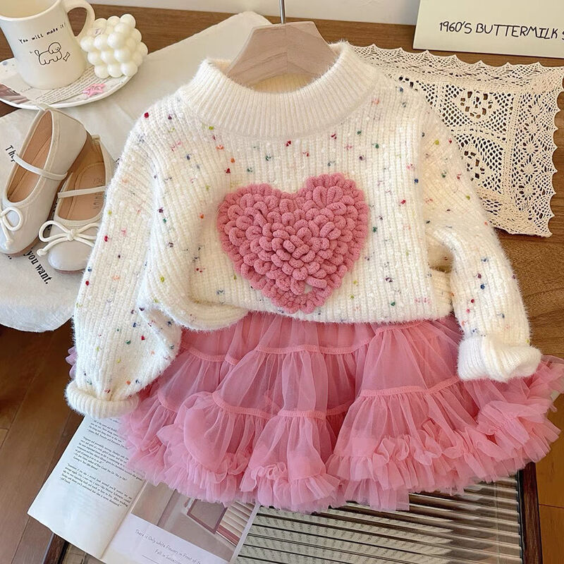 Suéter de camisa de fundo grosso infantil, estilo princesa, bebê meninas, amor, outono e inverno, novo