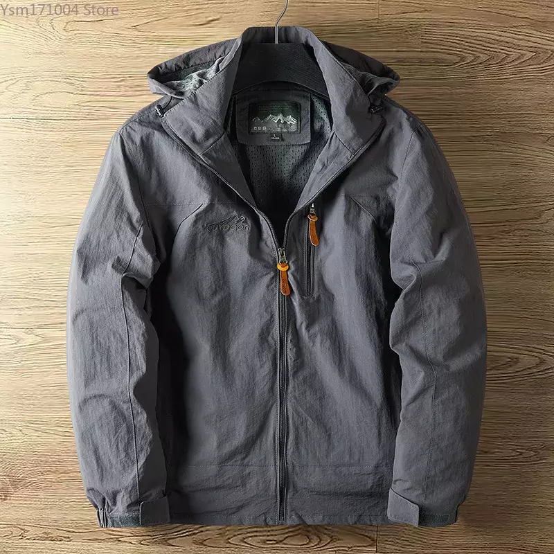 Jaket bertudung untuk pria, mantel musim semi musim gugur ukuran besar 7XL tipis bersirkulasi luar ruangan, jaket Hiking tahan angin dan tahan hujan