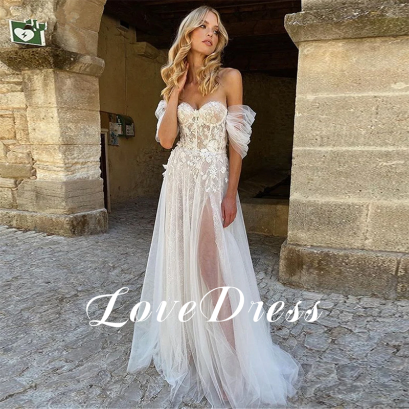 LoveDress gaun pernikahan bahu terbuka Tulle pantai gaun pengantin A-Line kekasih Modern Lengan ilusi berlipat musim panas