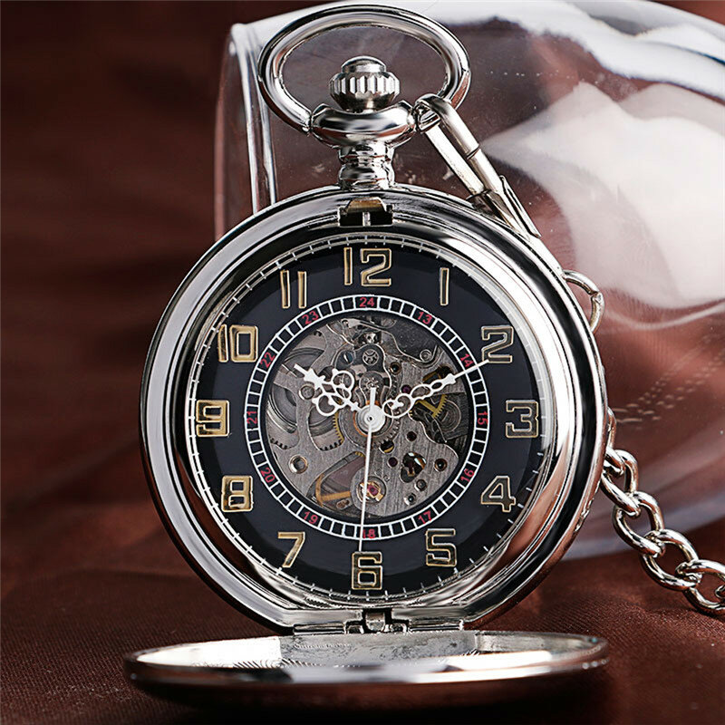 Relógio de bolso mecânico automático para homens e mulheres, escudo de prata, caso completo do caçador, número árabe, relógio retro, presente pendente da corrente