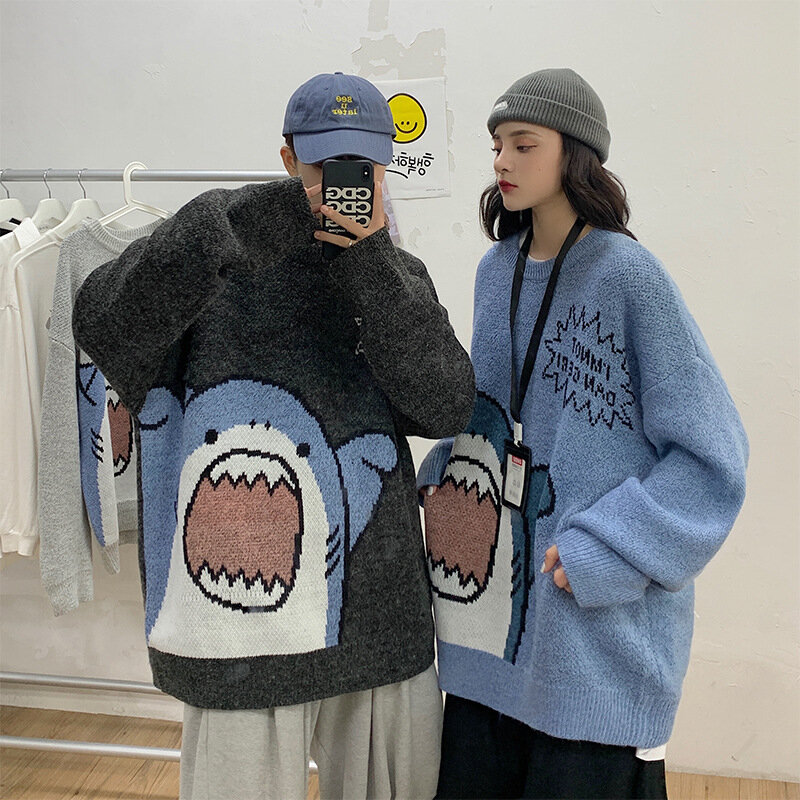 Hip Hop Strickwaren Herren Pullover Harajuku Mode Cartoons Hai männlich lose lässige Streetwear Pullover übergroße Pullover