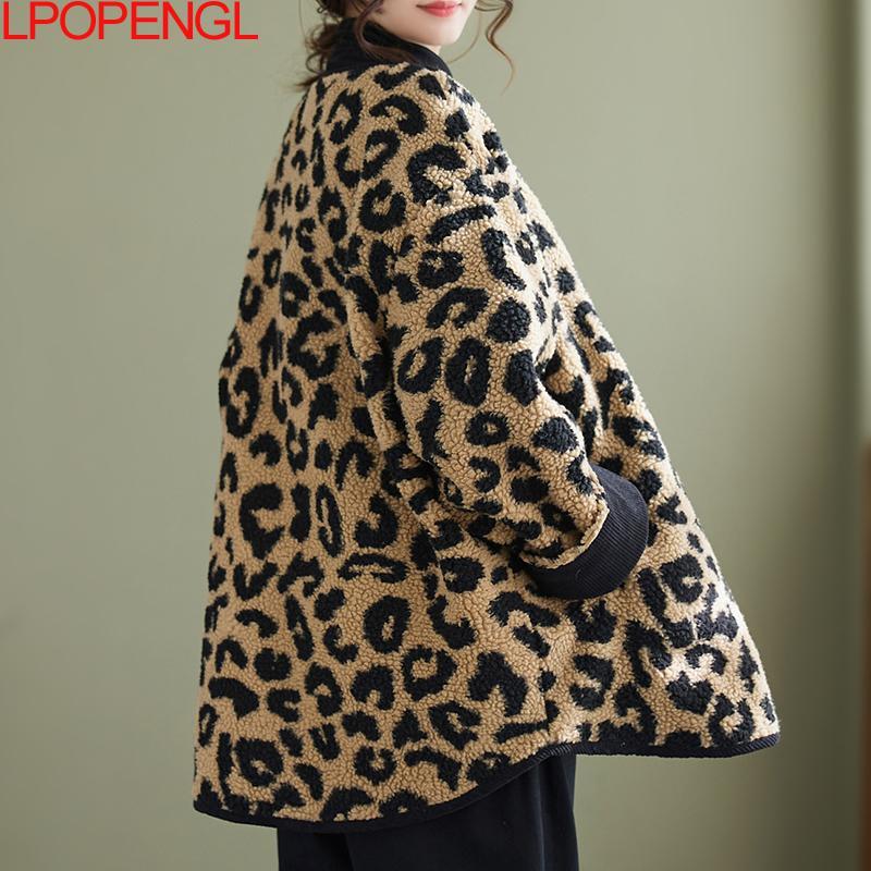 Jaqueta de algodão com estampa leopardo coreana para mulheres, streetwear outono e inverno, solta, quente, grossa, lã de cordeiro, nova, 2023