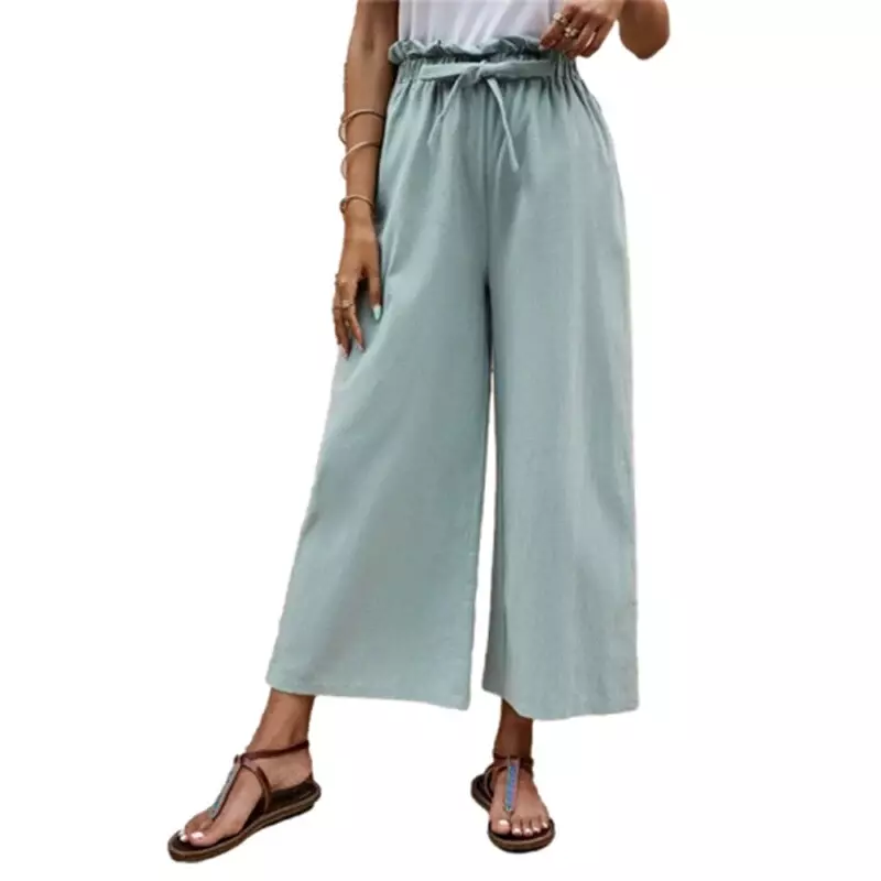 Celana panjang wanita, celana panjang katun Linen nyaman, warna polos, celana kaki lebar, renda, pinggang elastis untuk perempuan