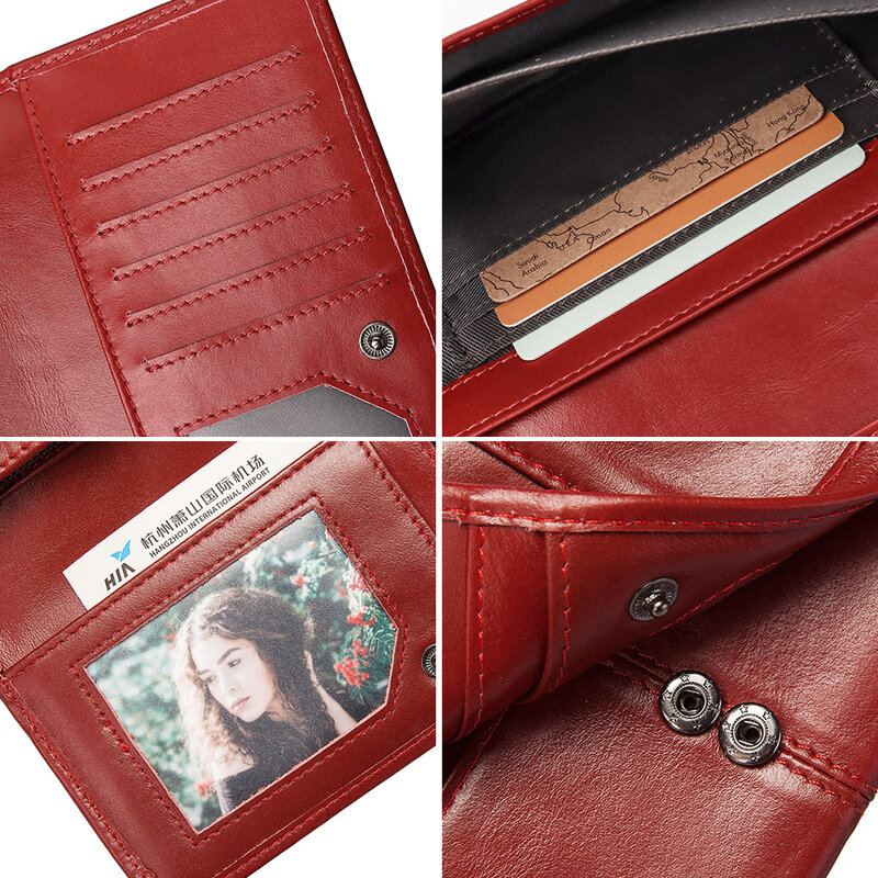 KAVIS-cartera de cuero genuino con grabado gratis para mujer, monedero femenino con broche, bolso de mano largo, práctico