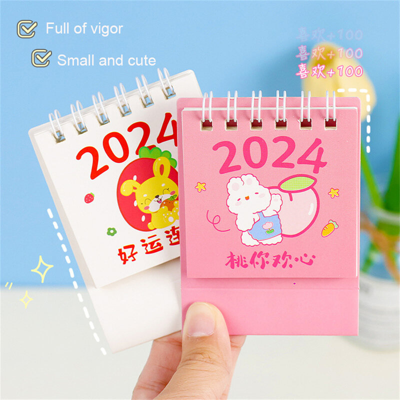 Mini Calendario de escritorio de dibujos animados Kawaii, suministros escolares de oficina, calendario de mesa, planificador mensual, lindo Conejo, 2024