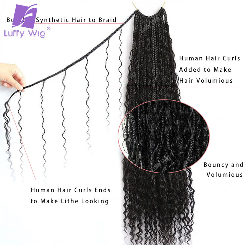 Crochet Boho Box Braids With Human Hair Curls Pre Looped Synthetic Braided Hair Bohemian Braiding Hair Extensions Luffywig