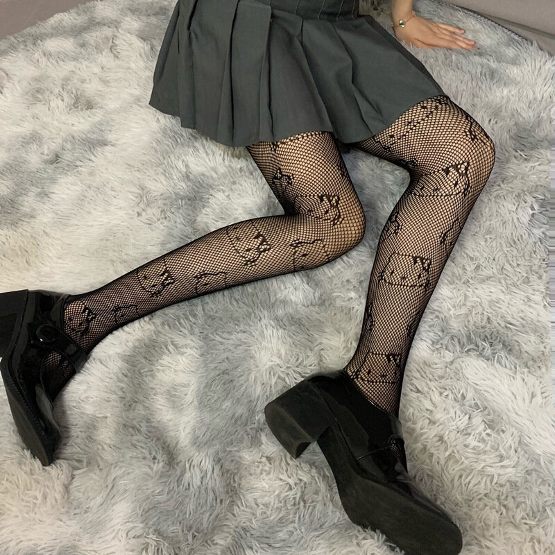 Sanrio-pantimedias de Hello Kitty para mujer, medias hasta la rodilla, transpirables, finas, de seda negra, para club nocturno