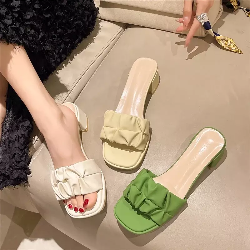 Scarpe pantofole da donna ciabatte con tacco quadrato donna Med Luxury Slides Summer Block Designer Rome interals PU Hoof Heels