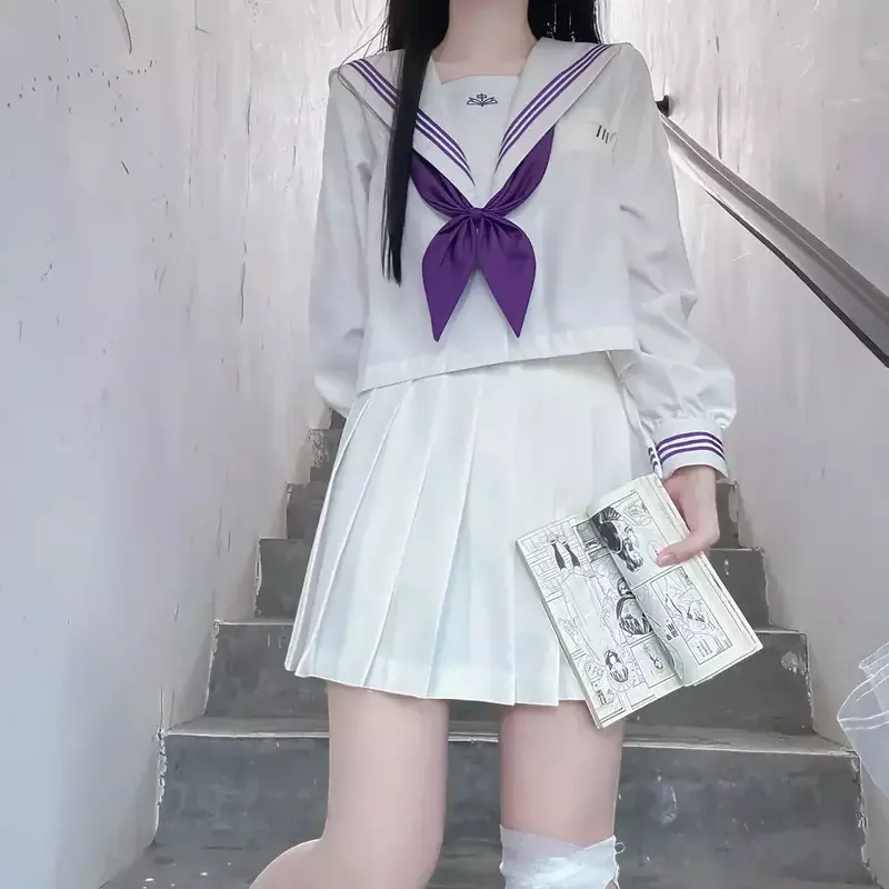 Uniforme blanco japonés Seifuku para niñas, traje de marinero escolar, corbata púrpura, uniforme JK coreano, blusa de marinero, Falda plisada de Cosplay