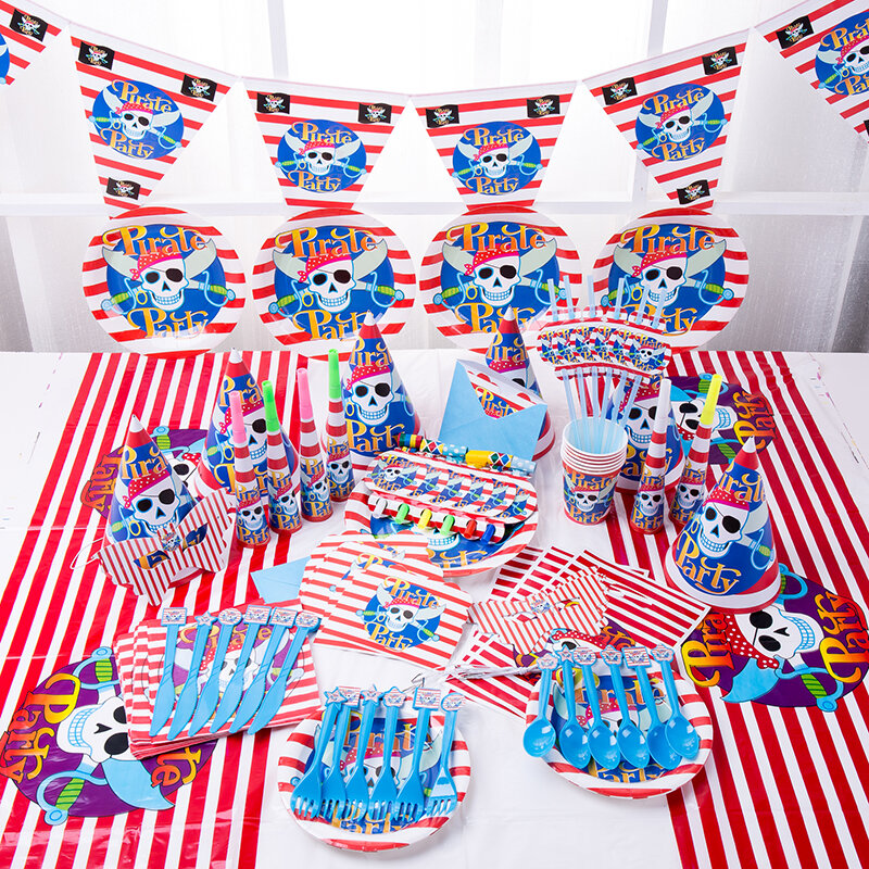 Vajilla desechable con temática de dibujos animados de pirata rojo, platos de papel, vasos, globos de cumpleaños para niños, suministros de decoración para Baby Shower
