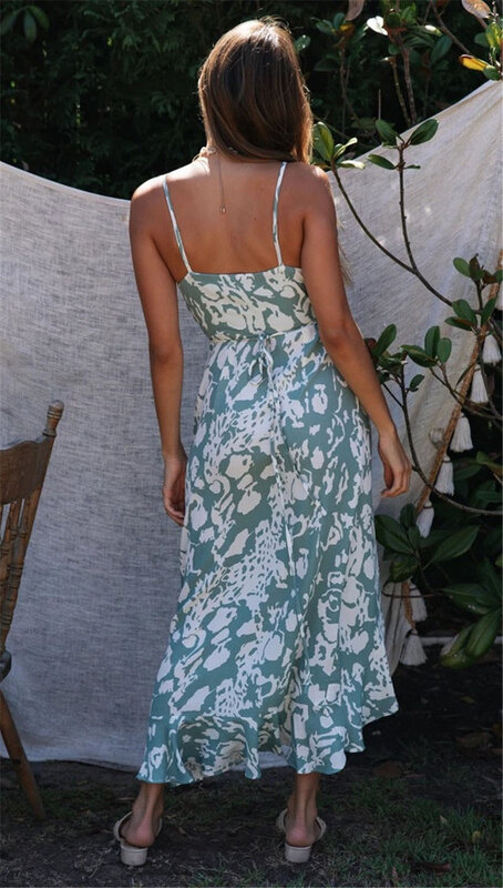 مثير زلة عطلة الأزهار الطباعة المرأة فستان الصيف كشكش أكمام الخامس الرقبة غير النظامية شاطئ نمط انقسام منتصف طول تنورة
