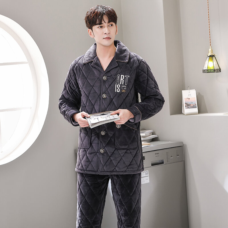 Winter Pajamas For Men Thick Three-layer Quilted Sleepwear Suit 2 Pcs Pyjama Homme Warm Casual Home Clothing Pijamas Hombre
