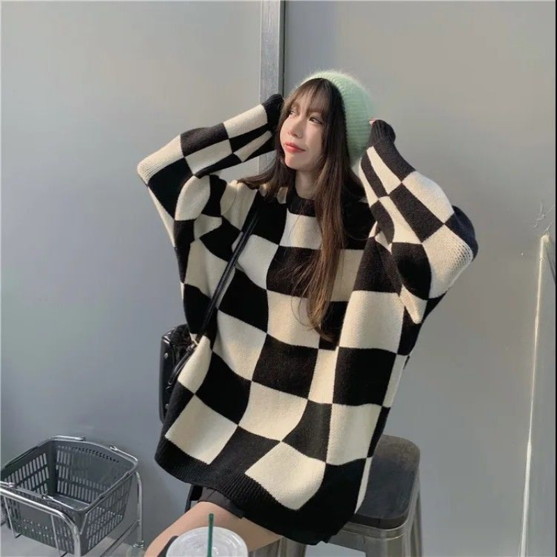 Трикотажный свитер женский осенне-зимний шахматный свободный стиль европейские и американские модные брендовые Свободные повседневные топы