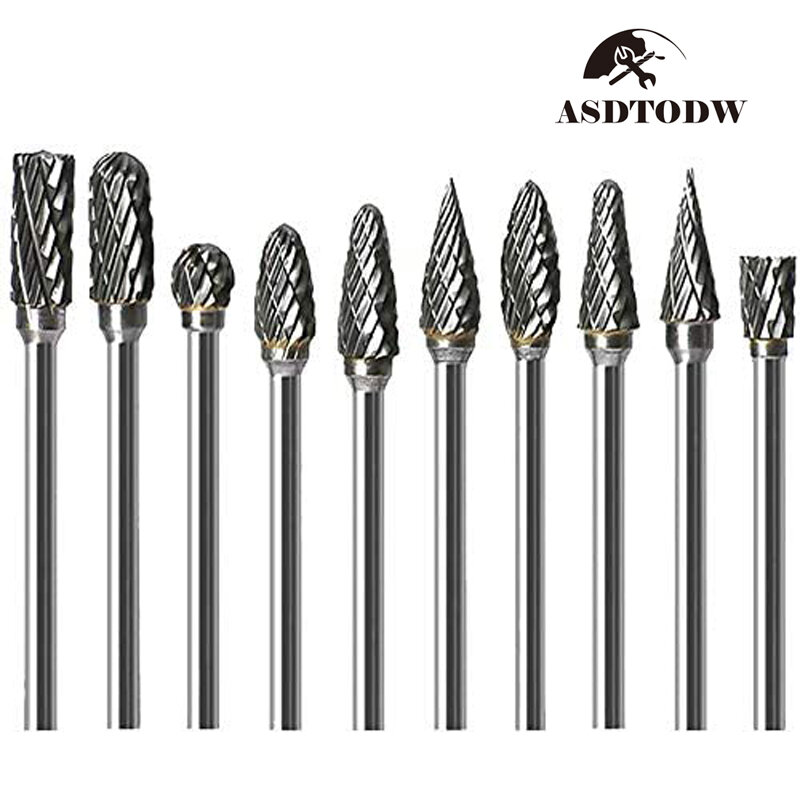 Double Cut Carbide Rotary Burr Set - 10 Pcs 1/8" Shank, 1/4" Head Length Tungsten Steel for Woodworking,Drilling, Engraving