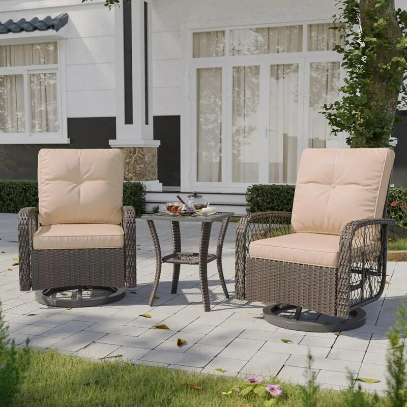 3 Pieces Outdoor Swivel Rocker Set of 2 with Small Side Table Wicker Rattan Furniture Set Rocking Chair Set for Backyard,(Beige)