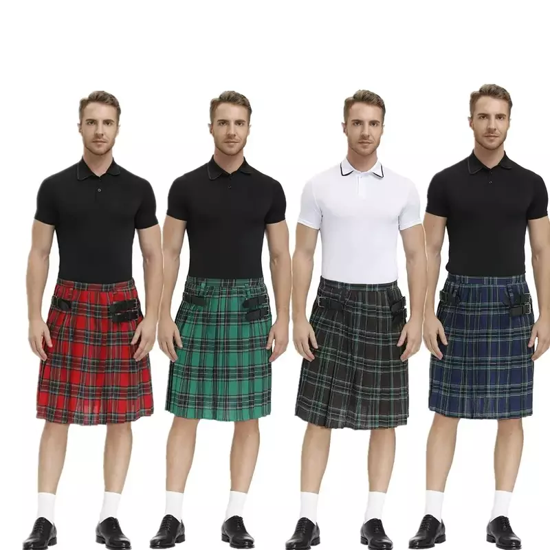 Men Scotland Kilt Traditional Plaid Belt Pleated Bilateral Chain Gothic Punk Hip-hop Avant Garde Scottish Tartan Pants Skirts