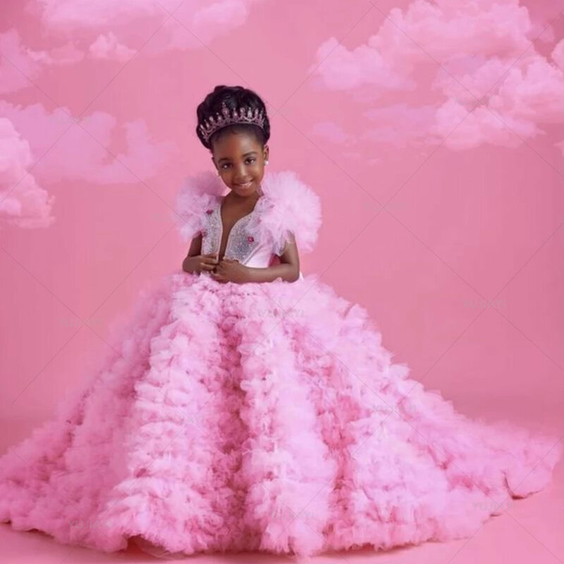 Gaun Gadis Bunga Kristal Bersinar Merah Muda Gaun Pesta Ulang Tahun Putri Tulle Ruffle Berjenjang Ekstra Bengkak Tanpa Lengan Gaun Pesta Ulang Tahun