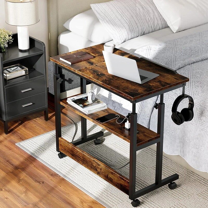 Portable Laptop Table with Charging Station, Height Adjustable Standing Rolling, Tiltable Tabletop and Storage Bag