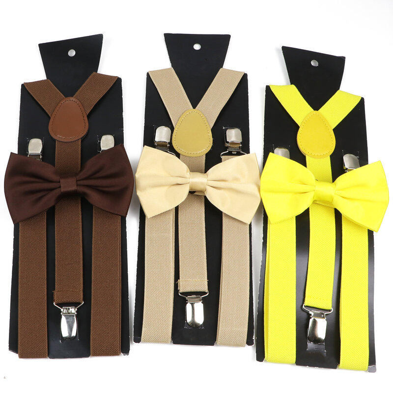 Set dasi kupu-kupu Suspender anak-anak pria Fashion untuk hadiah Festival pesta pernikahan Khaki cokelat elastis tali celana panjang Aksesori kemeja