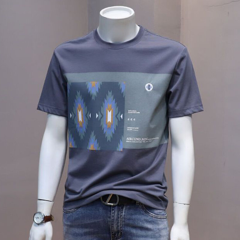 패션 오-넥 모든 경기 인쇄 비대칭 티셔츠 남성 의류 남성 2024 여름 새 캐주얼 풀오버 루즈 한 한국 티 셔츠