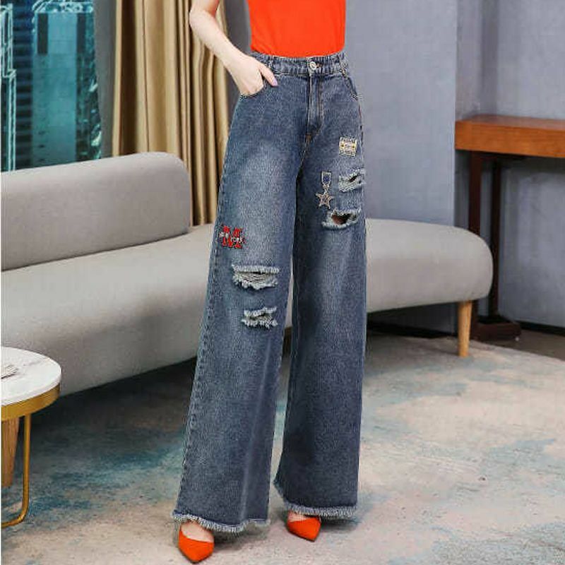 Jeans vintage bordado étnico padrão feminino, cintura alta, bolsos de botões lavados, zíper, casual, na moda, versátil, calça reta