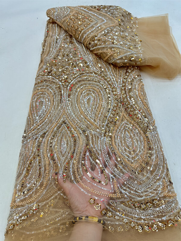 2024 Высококачественная тяжелая ткань из бисера, новейшая африканская Роскошная вышивка блестками для жениха, французская кружевная ткань для шитья, свадьбы, 5 ярдов