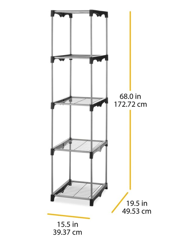 5-Tier Shelf Tower Closet System,  Metal with Plastic Connectors, Silver and Black
