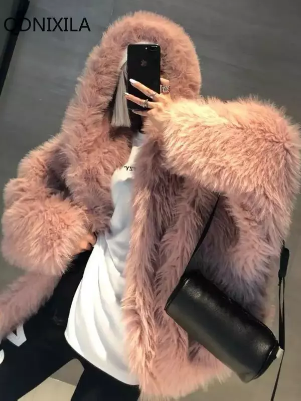 Chaqueta de piel sintética con capucha para mujer, abrigo de imitación de zorro, versión coreana, novedad de invierno, 2024