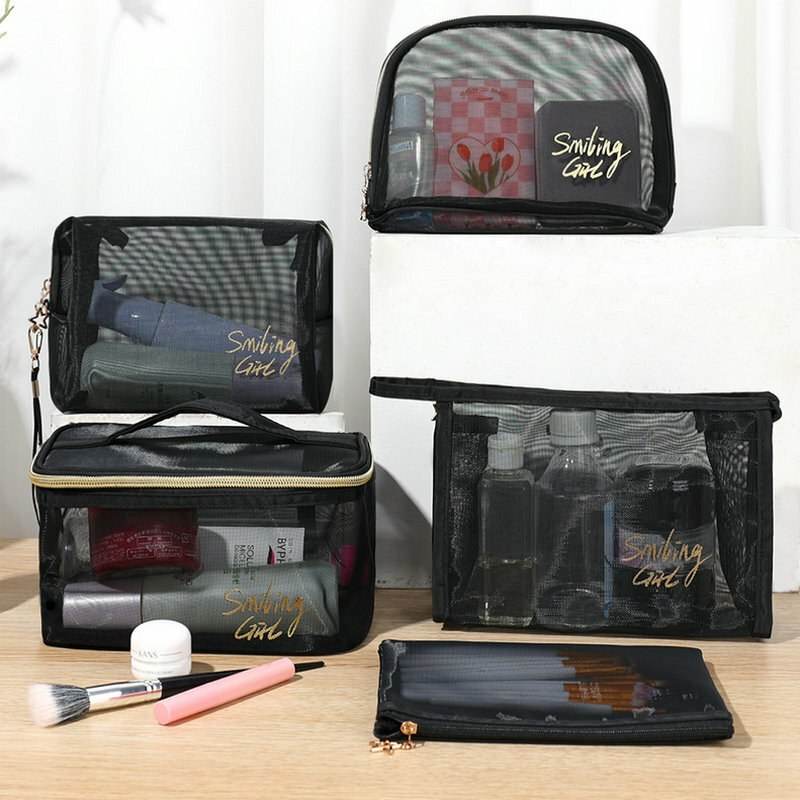 Saco de maquiagem de malha preta portátil saco de maquiagem de malha transparente organizador de cosméticos para armazenamento de cosméticos casos de lápis sacos de armazenamento