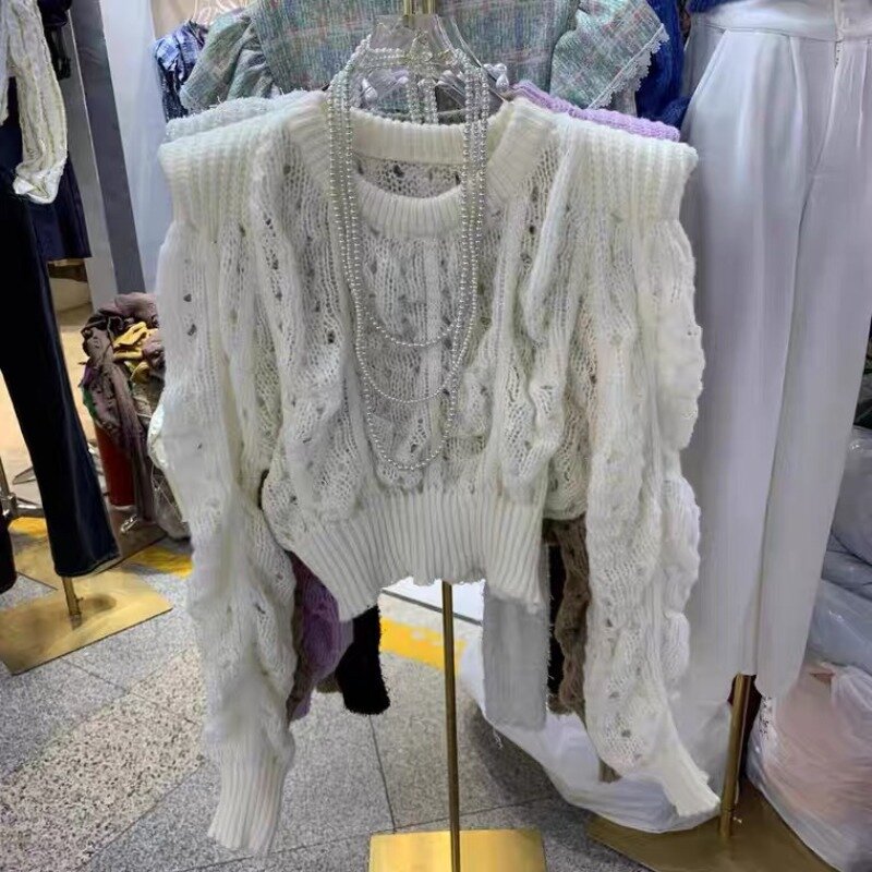 Camisola de manga comprida feminina com almofada de ombro, roupa feminina, senso de design, pulôver oco, moda coreana, novo, outono