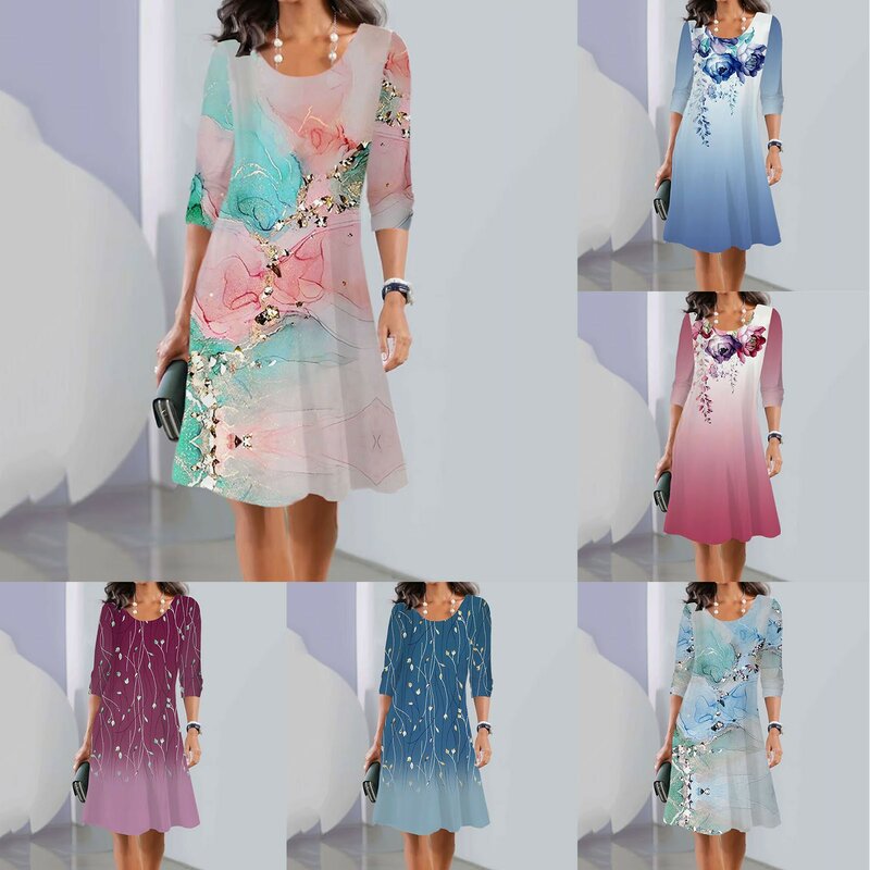 Vestido Midi de manga comprida feminino, Estampado em folhas, Botão, Gola redonda, Moda Casual, Cor, Verão, Outono, 2023