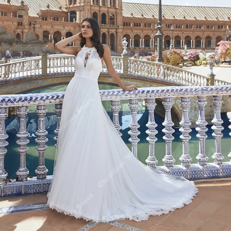 Gaun pernikahan tanpa lengan Vintage warna cerah tipis permukaan Tulle gaun pengantin A-Line jubah applique renda gaun pengantin Vestidos De Novia