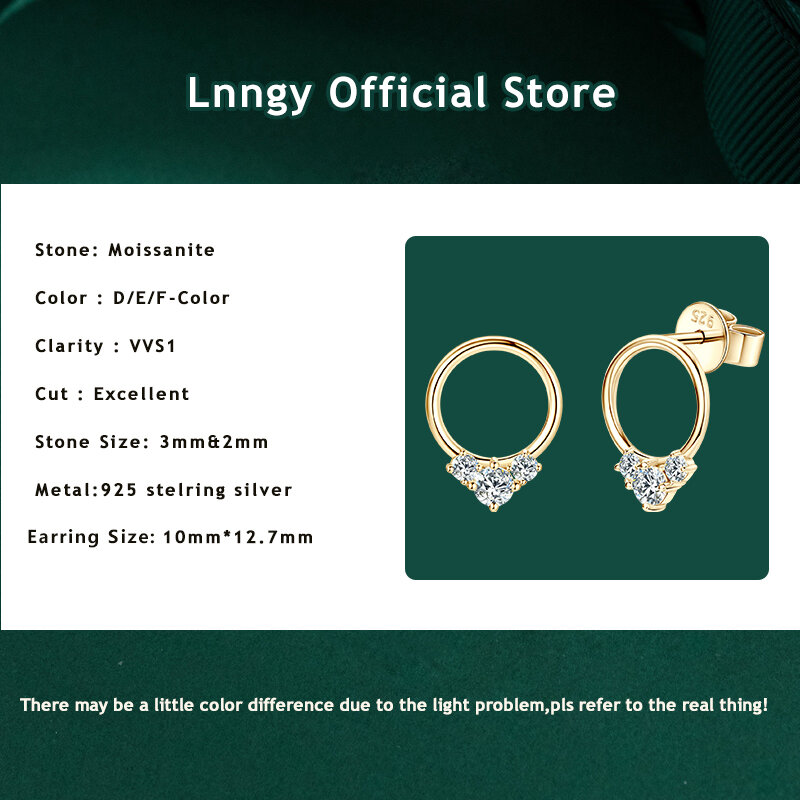 Lnngy Three Stone Moissanite Earring 925 Sterling Silver Round Shape Stud Earring  For Women Simple 2024 New Jewelry Gift
