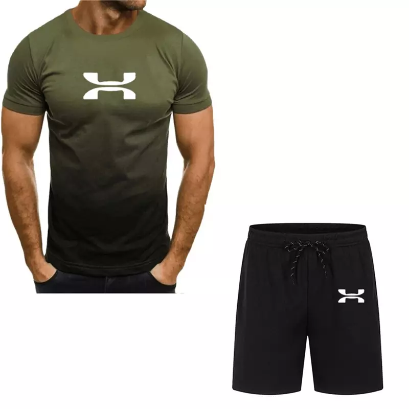 T-shirt gradiente de manga curta masculina e calções desportivos, fato de jogging casual, roupa desportiva masculina, moda verão, 2 peças, 2024