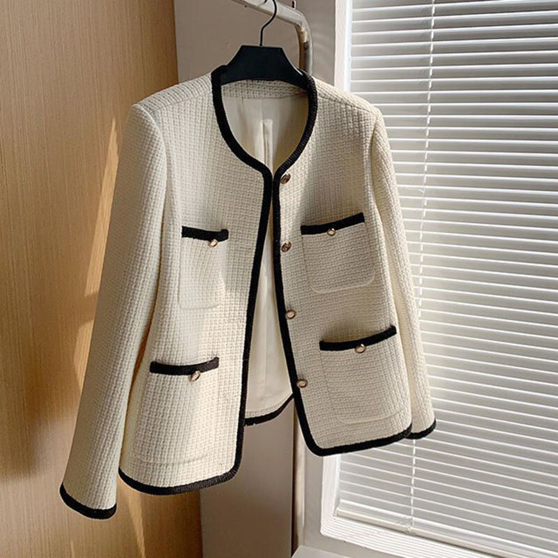Eleganckie Cropprd tweedowe kurtki damskie płaszcze jednorzędowe w koreańskim stylu szykowny wąska bluza w stylu Vintage wełniane płaszcze damskie bluzki casualowe 3XL