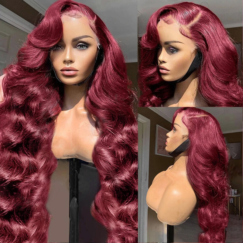 Perruque Lace Front Wig Body Wave Naturelle, Cheveux Humains, Rouge Bordeaux 99J, 13x4, 13x6 HD, Pre-Plucked, pour Femme
