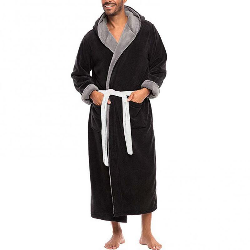 Men Long Bath Robe Soft Coral Fleece Sleepwear Color Block Pockets Bathrobe Home Gown For Mmen