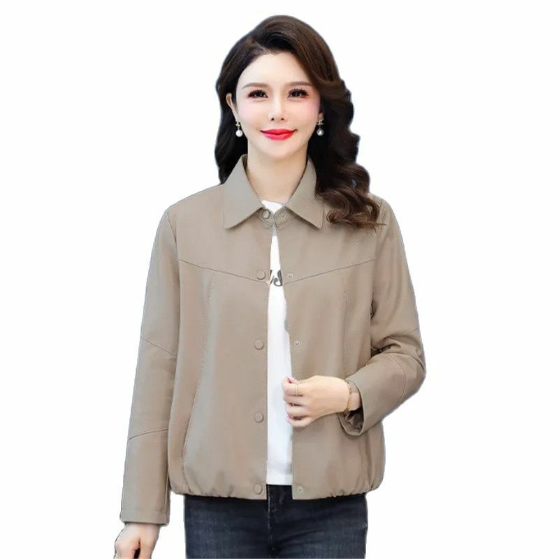 Spring Autumn Short Leather Jacket Women 2023 New Loose Lapels Coat Fashion Covered Button Outerwear Pure Colour Tops Female