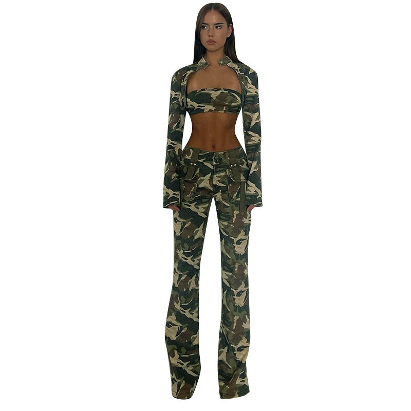 Camouflage Slim Fit พ็อกเก็ตหลาย Workwear สตรี Street บุคลิกภาพตรงขากางเกงเอวสูง