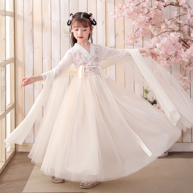 Dziecięce letnie nowe Super bajkowe Hanfu w stylu chińskim spódnica tiulowa z długimi rękawami spódnica tiulowa starożytny kostium mała dziewczęca sukienka w kwiaty