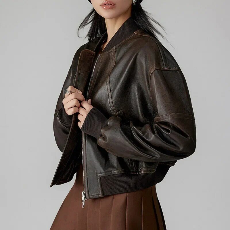 Jaket kulit asli kasual wanita, jaket kulit bisbol Retro kasual usang musim gugur musim dingin